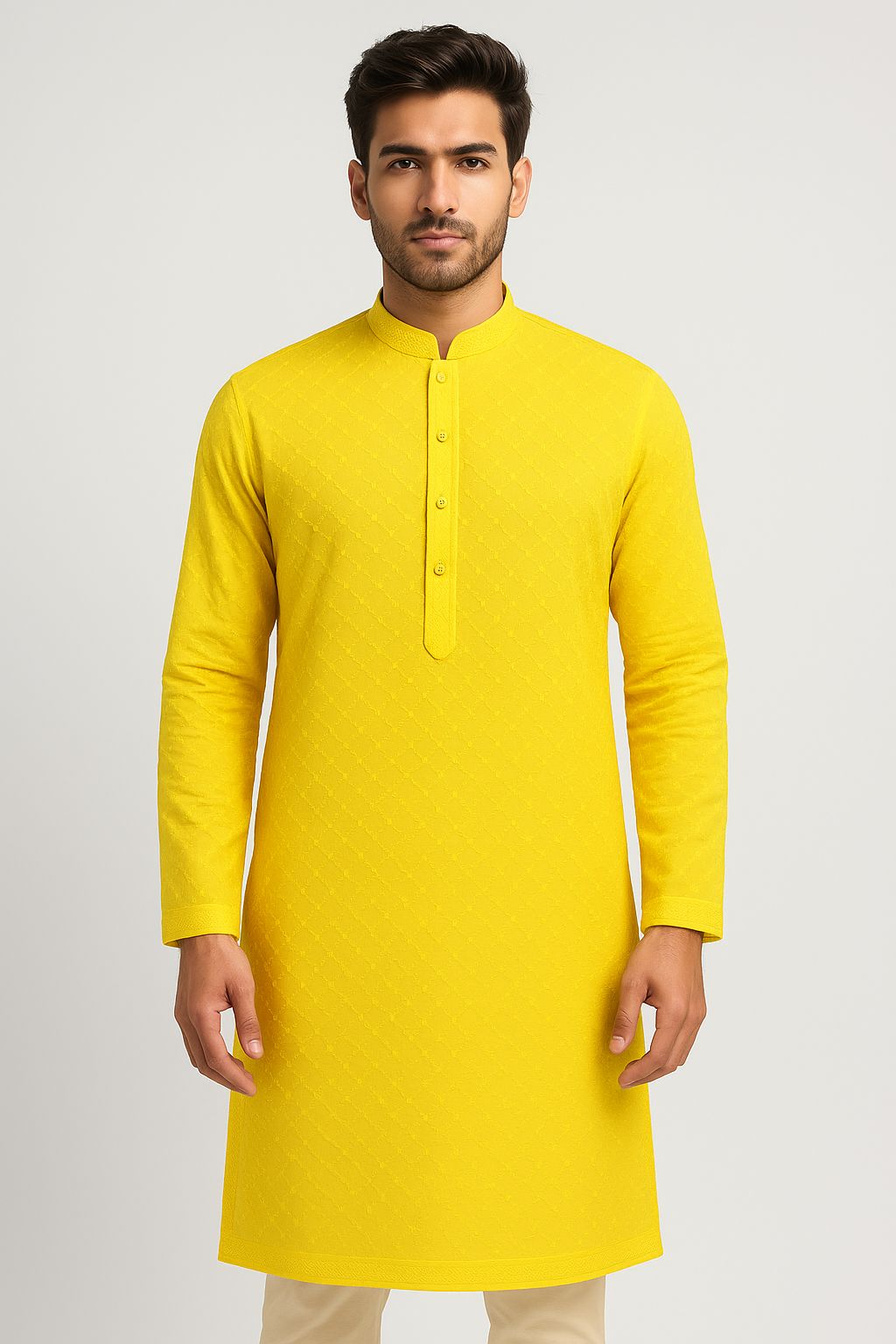 Cotton Men’s Kurta Fabric – Pagdi Design Embroidery (58” Width, Pastel   Lime)