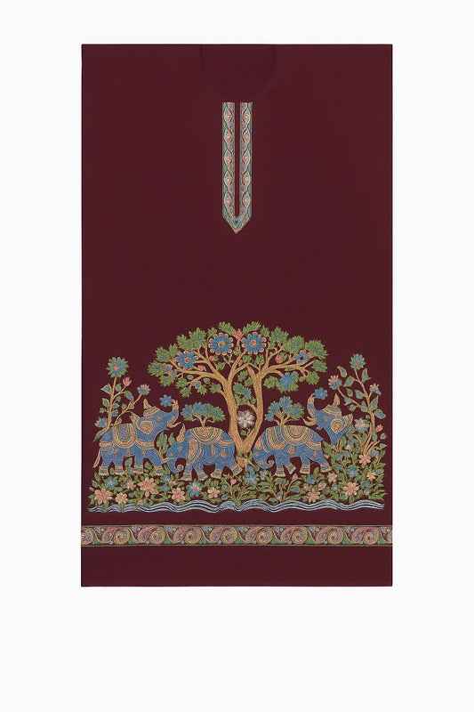 Deep maroon/wine red unstitched fabric with heavy, colorful bottom border embroidery. Features a detailed folk design of a tree, elephants, and florals.