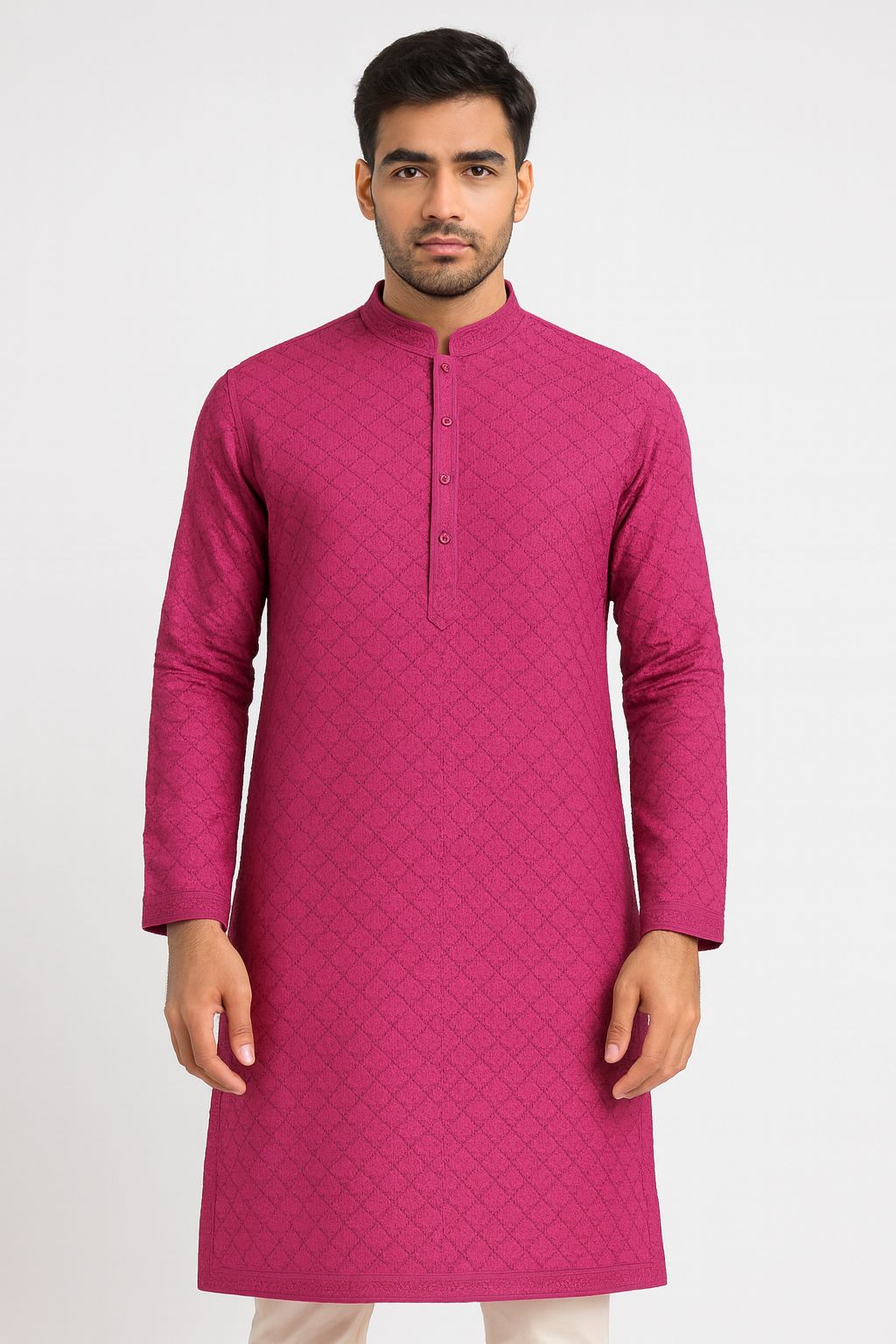 Cotton Men’s Kurta Fabric – Pagdi Design Embroidery (58” Width, Pastel   Maroon)