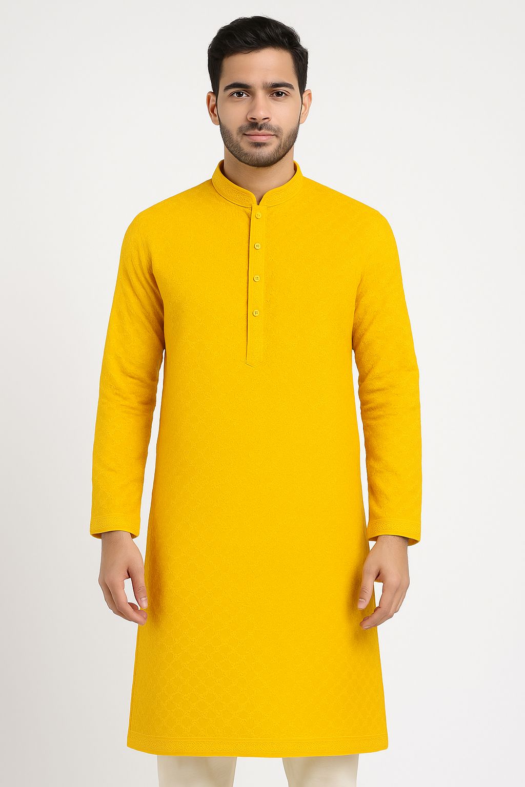Cotton Men’s Kurta Fabric – Pagdi Design Embroidery (58” Width, Pastel   Mustard )
