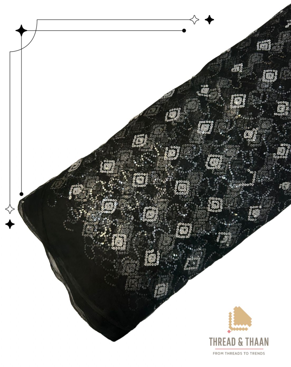 Black Net Fabric with White Sequin Embroidery | 42" Width | 36" Work