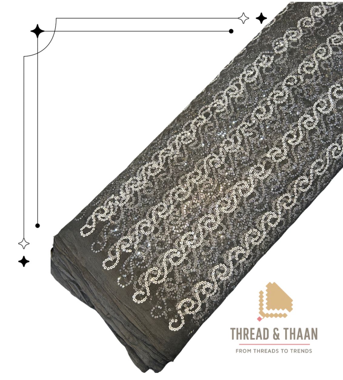Black Net Fabric with White Sequin Embroidery | 42" Width | 36" Work