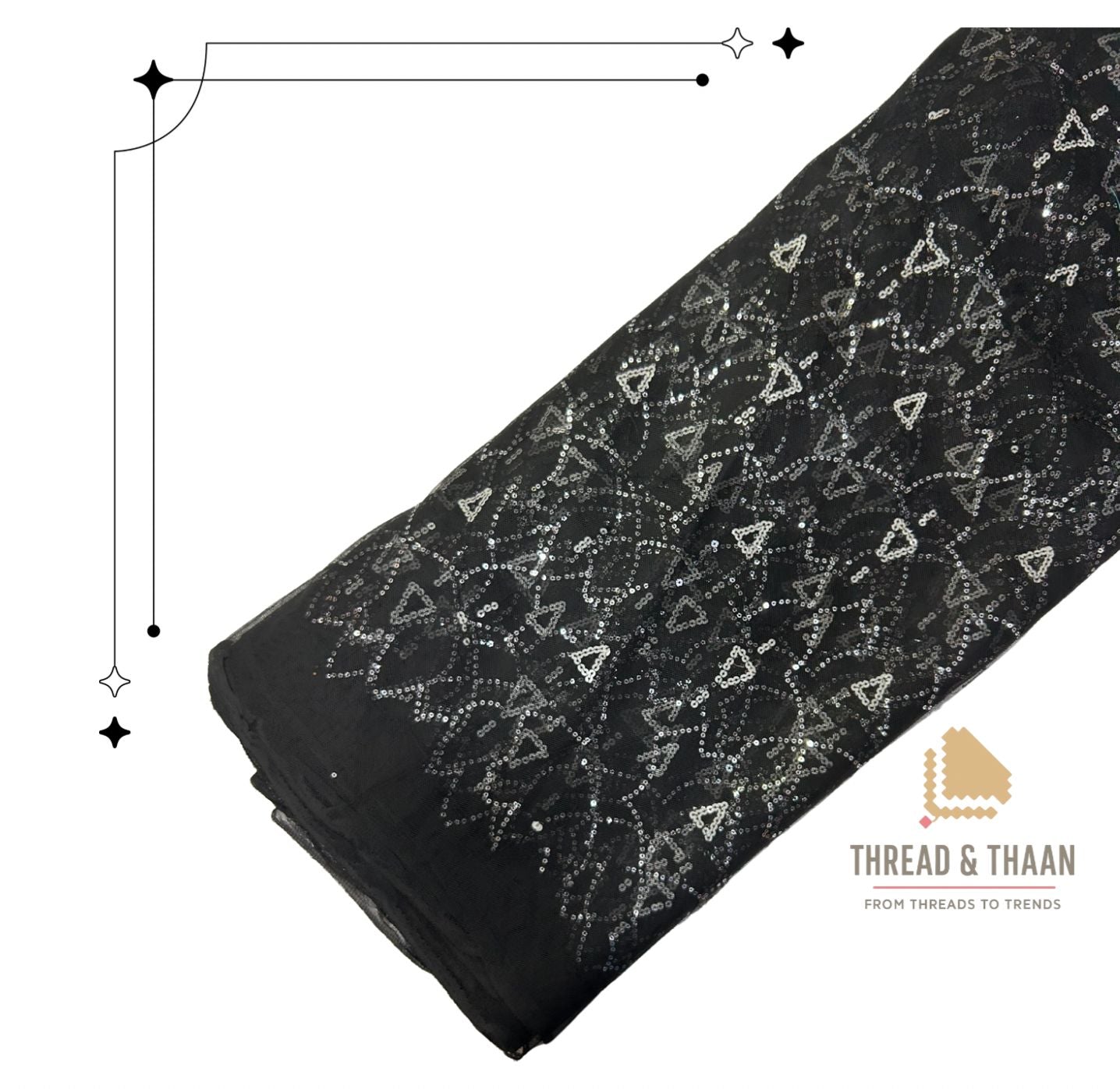 Black Net Fabric with White Sequin Embroidery | 42" Width | 36" Work