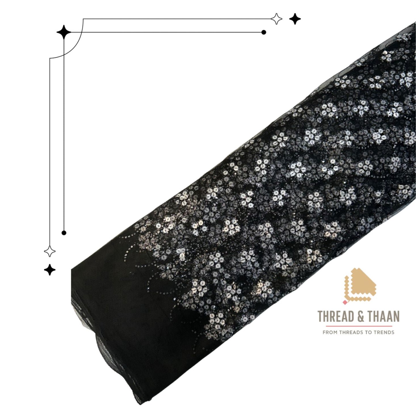 Black Net Fabric with White Sequin Embroidery | 42" Width | 36" Work