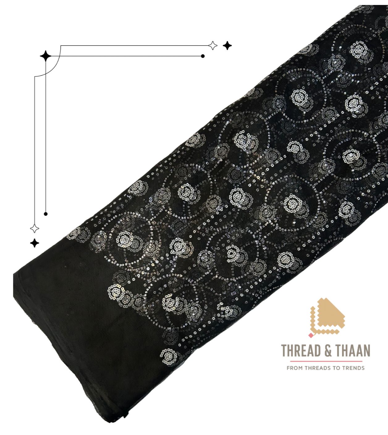 Black Net Fabric with White Sequin Embroidery | 42" Width | 36" Work