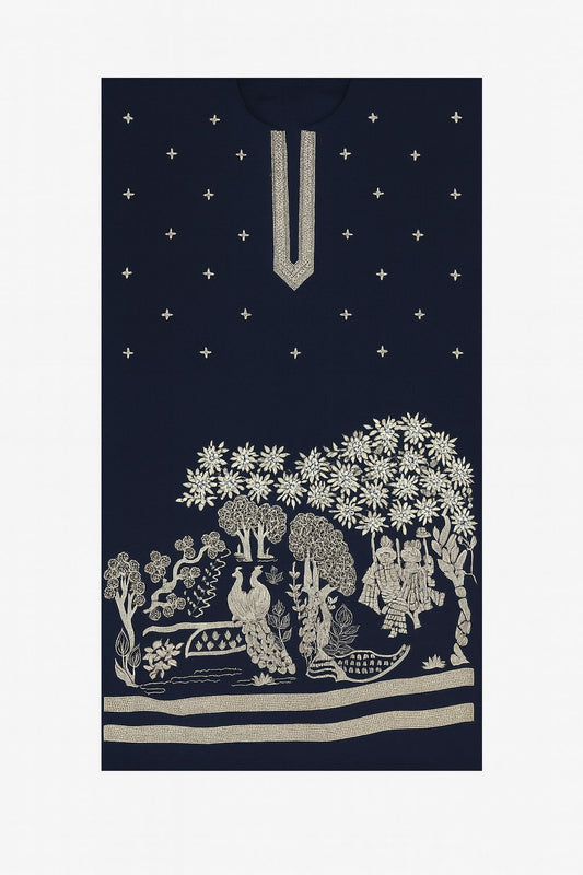 Deep navy blue unstitched fabric with intricate silver/gold embroidery. Features a bold lower border scene of trees, peacocks, and animals.