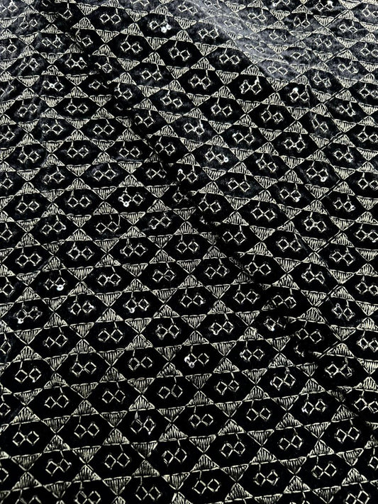 Black metallic olive premium velvet fabric with geometric woven pattern for sherwani and blazer material.