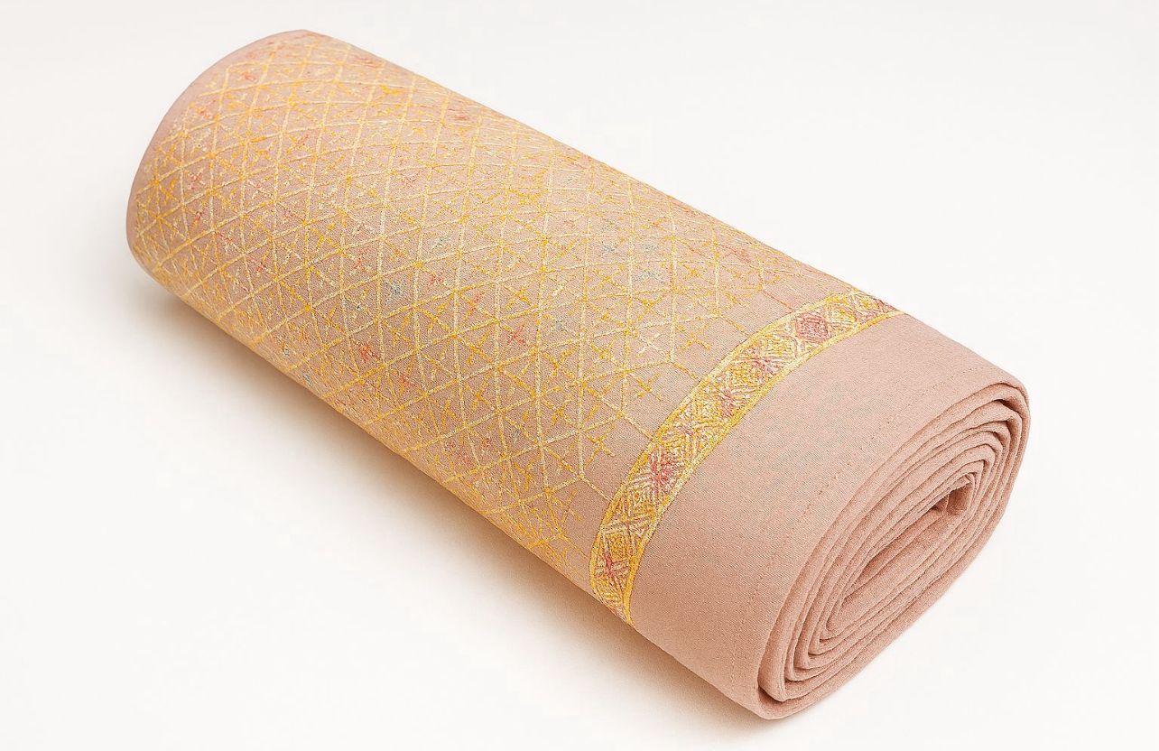 Designer multicolour geometric pattern fabric displayed with a child wearing the coordinated kurta, suitable for festive fashion, party wear, and cultural celebrations.