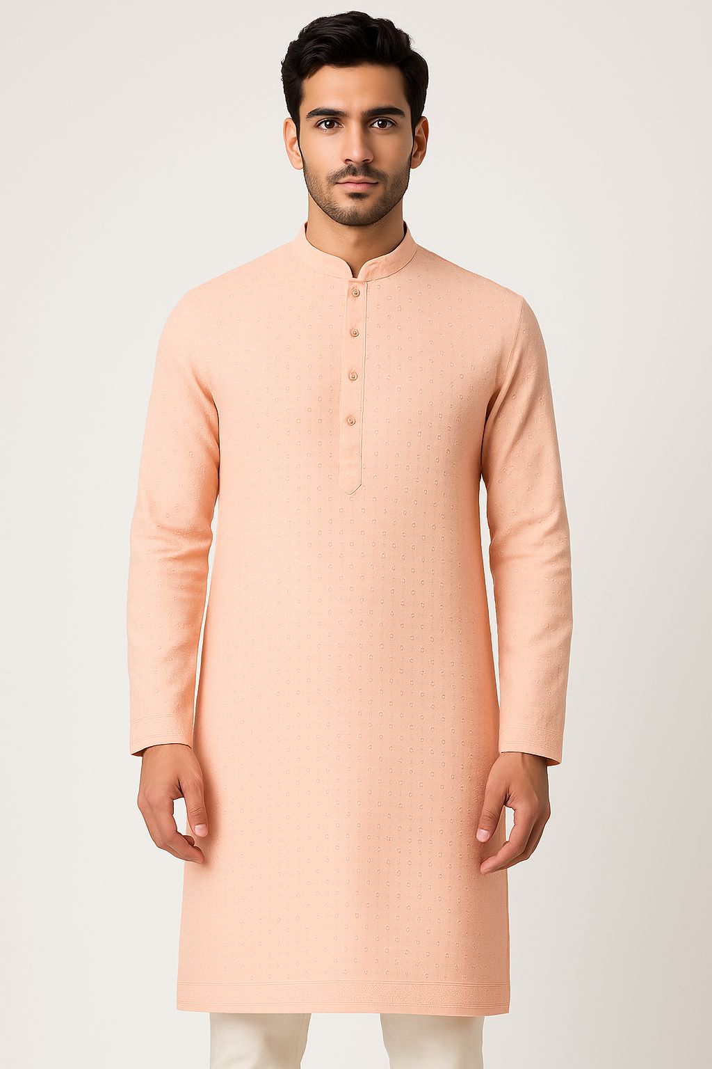 Cotton Men’s Kurta Fabric – Pagdi Design Embroidery (58” Width, Pastel   Peach )