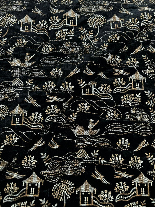 Luxury velvet in coffee brown with detailed thread-work design for winter suits & sherwanis.