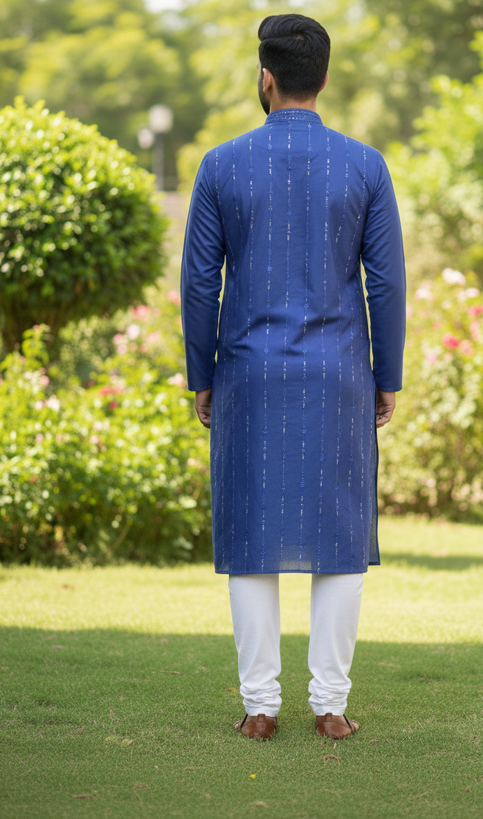 Designer royal blue unstitched kurta pajama fabric set with embroidered neckline, perfect for traditional and ethnic wear.