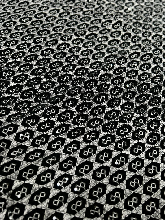 Black metallic grey premium velvet fabric with geometric woven pattern for sherwani and blazer material.