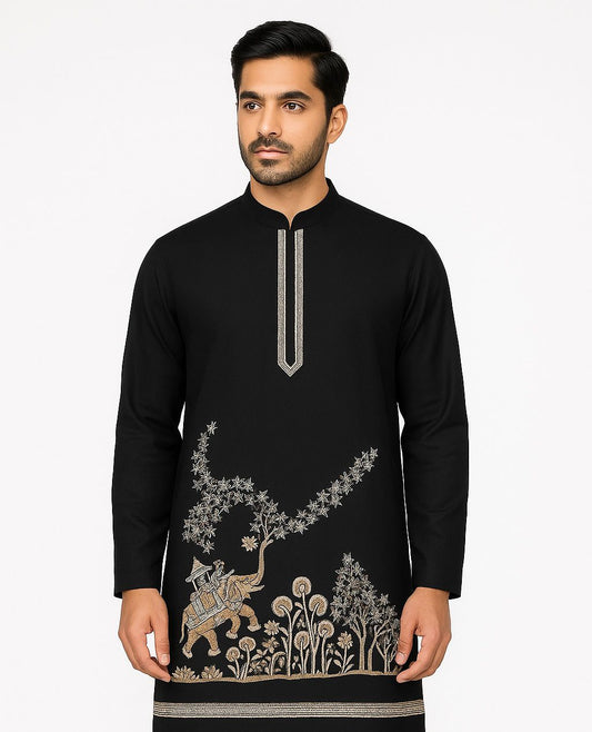 Unstitched Men’s Kurta Fabric With Pajama – Front Embroidery Panel with Back & Sleeve Fabric (S–XXL)