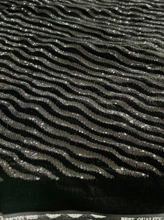 Premium Black Sequin Wave Stripe Velvet Fabric