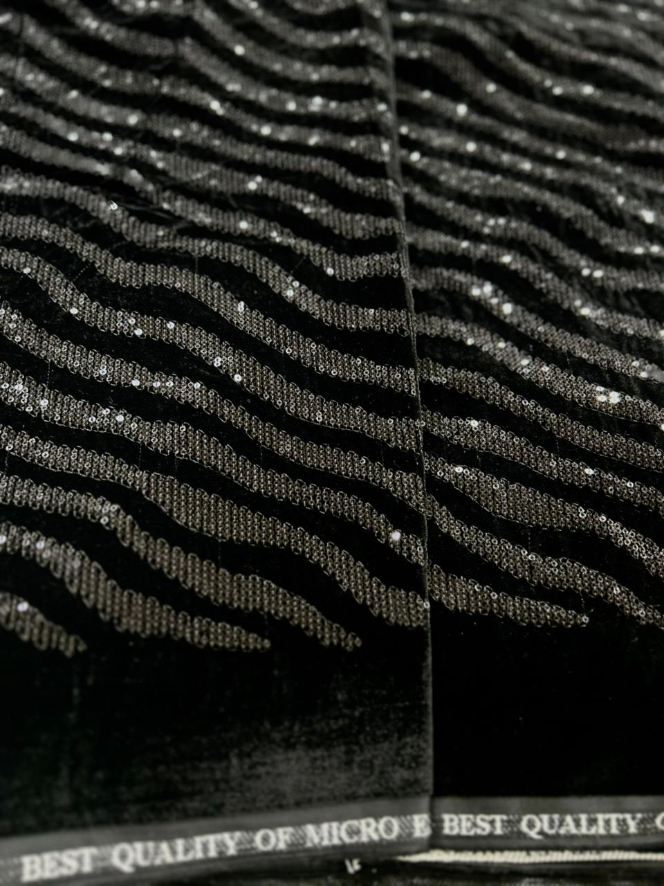 Premium Black Sequin Wave Stripe Velvet Fabric
