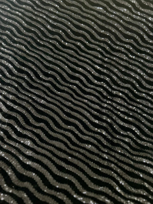 Premium Black Sequin Wave Stripe Velvet Fabric