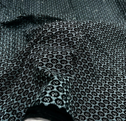 Designer metallic blue velvet material with small pattern for kurta and party wear.