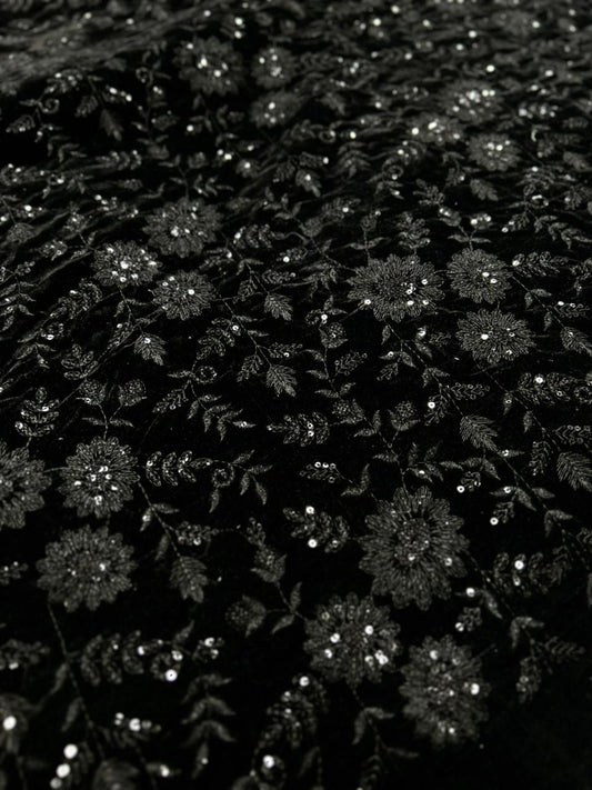 Premium Black Velvet Floral Work Fabric | Width 44”, Work 38” | Ideal for Sherwani, Jackets, Suits, Blazers & Indo-Western