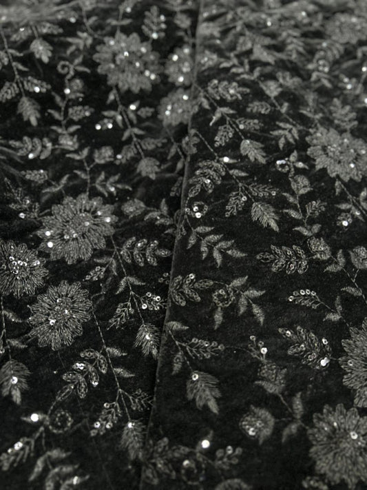 Premium Black Velvet Floral Work Fabric | Width 44”, Work 38” | Ideal for Sherwani, Jackets, Suits, Blazers & Indo-Western