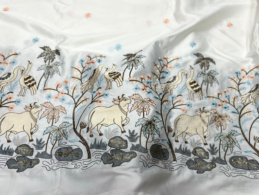 Ivory Pastel Embroidered Kurta Fabric in Malai Satin – Cow & Bird Design with Daman Border | 55” Width | Wedding & Festive Wear