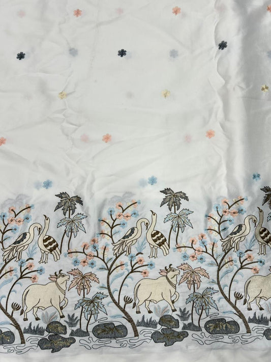 Ivory Pastel Embroidered Kurta Fabric in Malai Satin – Cow & Bird Design with Daman Border | 55” Width | Wedding & Festive Wear