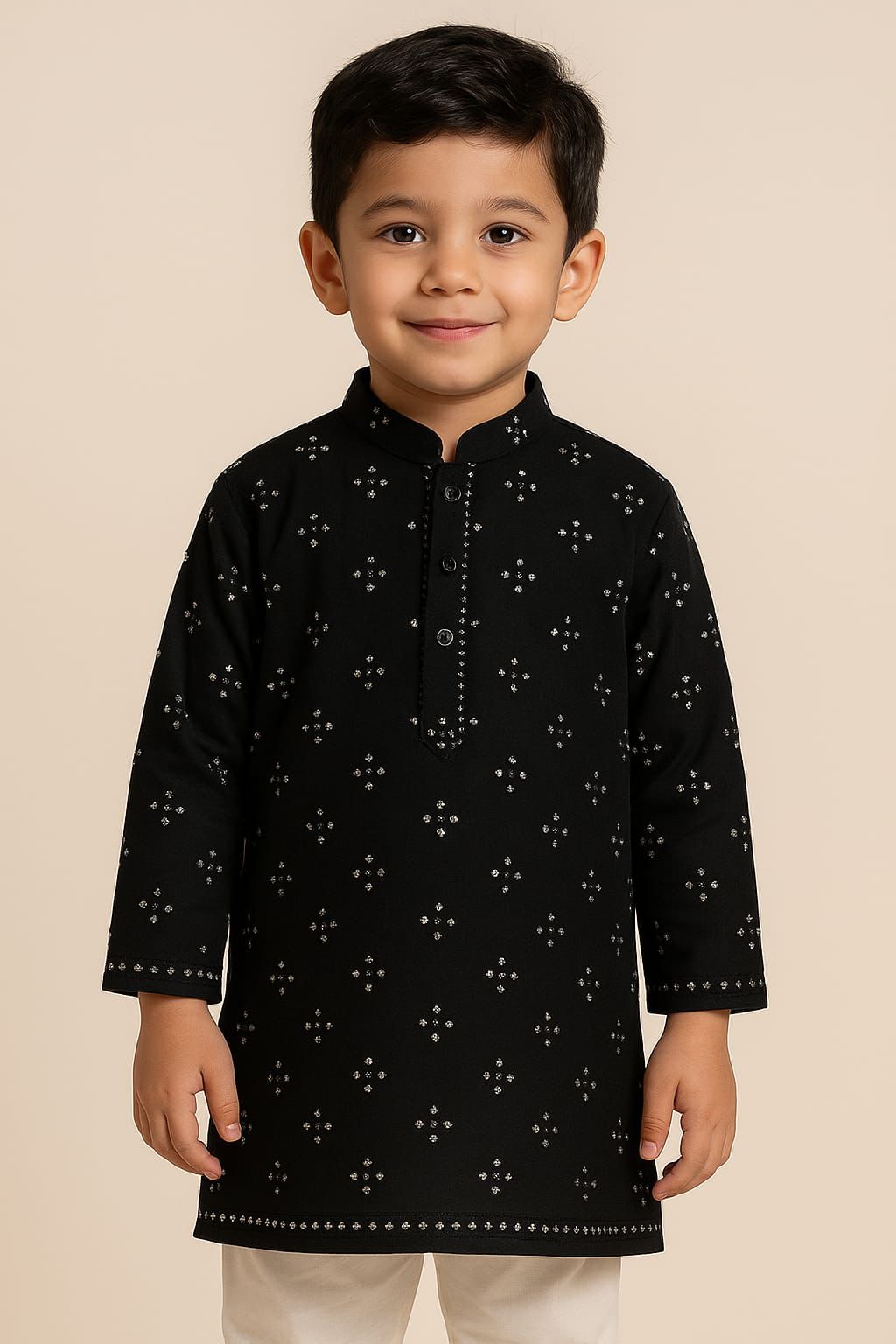 Luxury Black Roman Silk Mirror Work Kurta Fabric for Kids | Skin-Friendly & Soft Touch Premium Designer Fabric for Weddings, Festive Functions & Partywear | Wide 58”