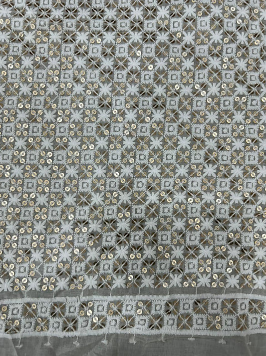 Luxury Cream Cotton Sequin & Thread Embroidery Fabric for Women | Soft Premium Material for Designer Kurti, Suit & Occasionwear | 58” Width