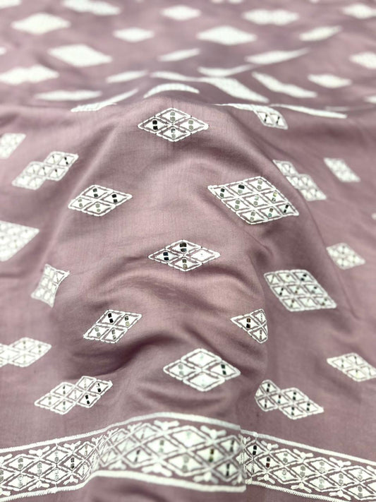 Onion Pink Contrast Roman Silk Mirror Work Kurta Fabric for Men | White Thread Embroidery Design | Soft 58” Premium Material for Wedding, Festive & Partywear