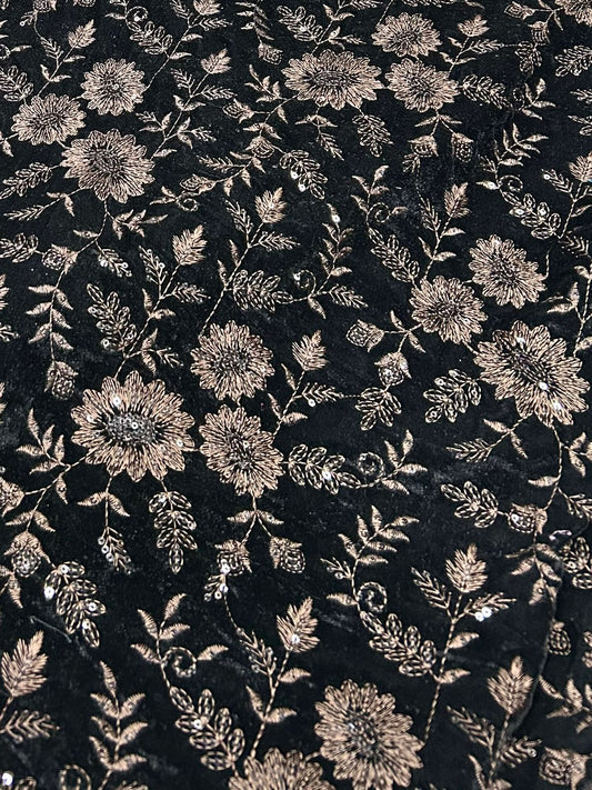 Luxury Velvet Embroidery Fabric for Men & Women | Brown Floral Work | 44" Width, 38" Work | Ideal for Sherwani, Indo-Western, Coat & Blazer