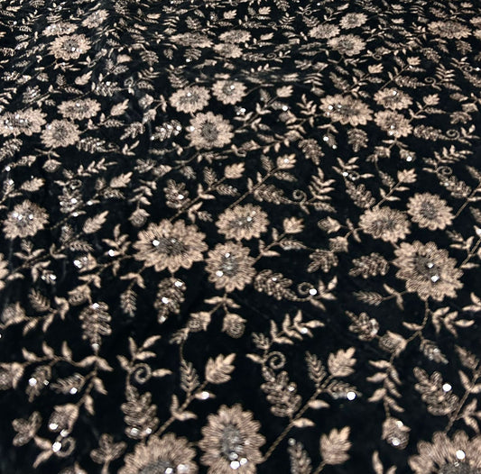 Luxury Velvet Embroidery Fabric for Men & Women | Brown Floral Work | 44" Width, 38" Work | Ideal for Sherwani, Indo-Western, Coat & Blazer