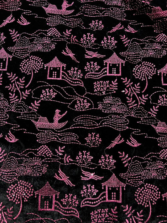 Luxury Black Velvet with Dark Pink Thread Work – Best Fabric for Suits & Sherwanis.