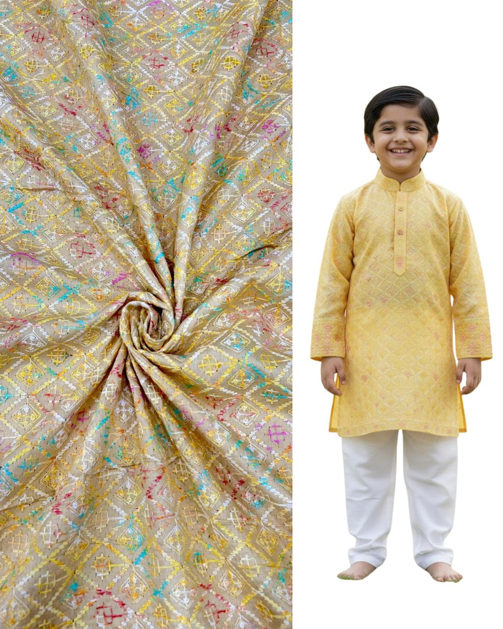 Festive kids kurta with matching multicolour embroidered fabric swatch, ideal for weddings, celebrations, and traditional ethnic wear