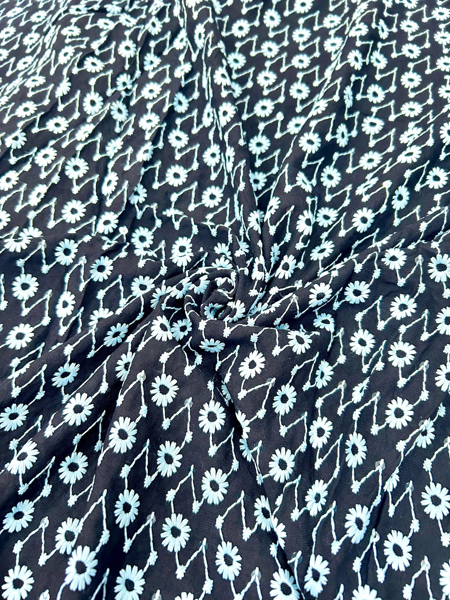 Contrast Embroidery Fabric – Black Base with Sky Blue & Sequins