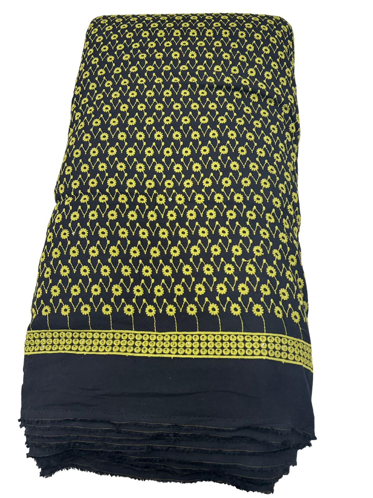 Contrast Embroidery Fabric – Black Base with Lime Yellow-Green & Sequins