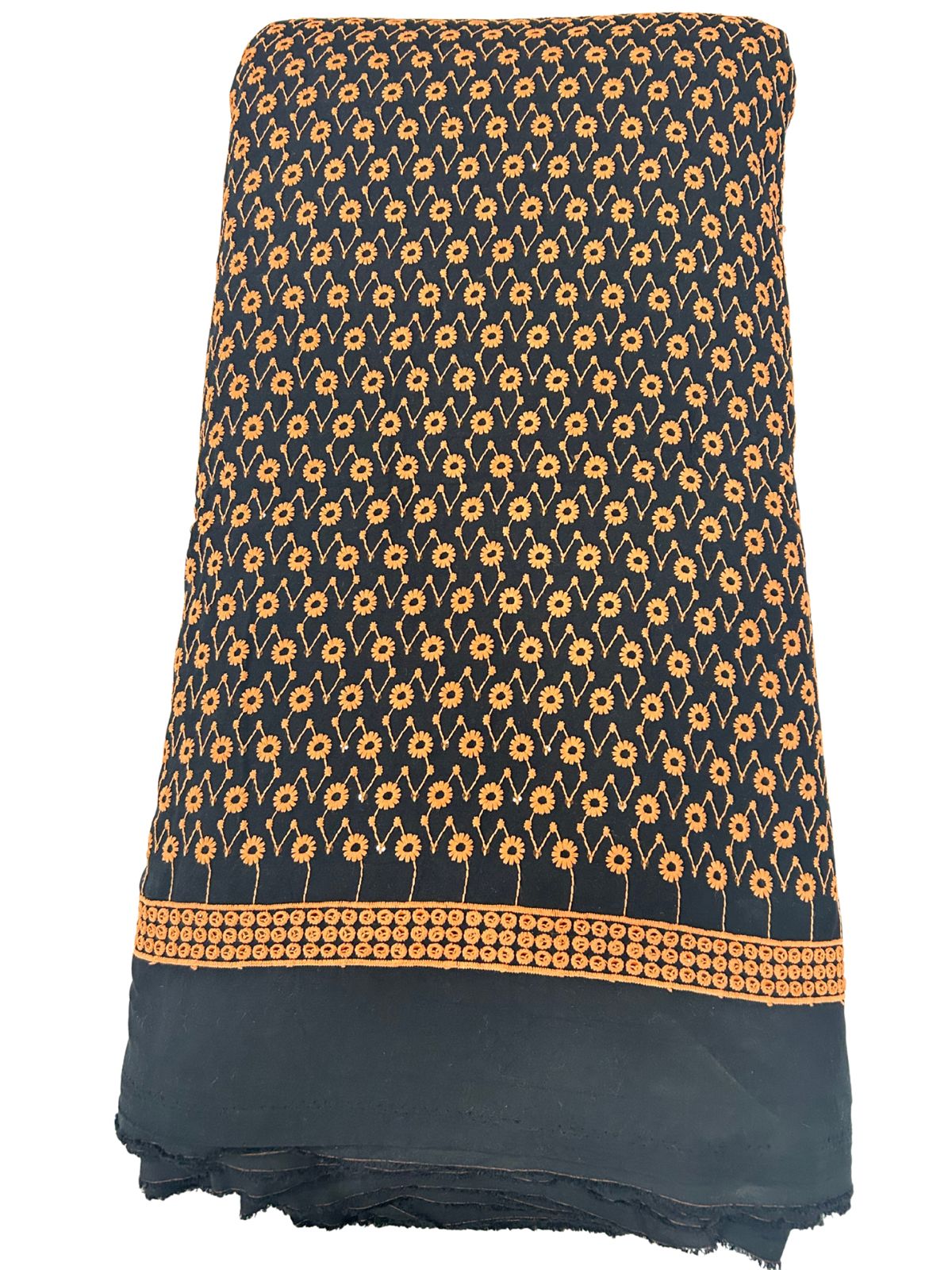 Contrast Embroidery Fabric – Black Base with Marigold Orange & Sequins