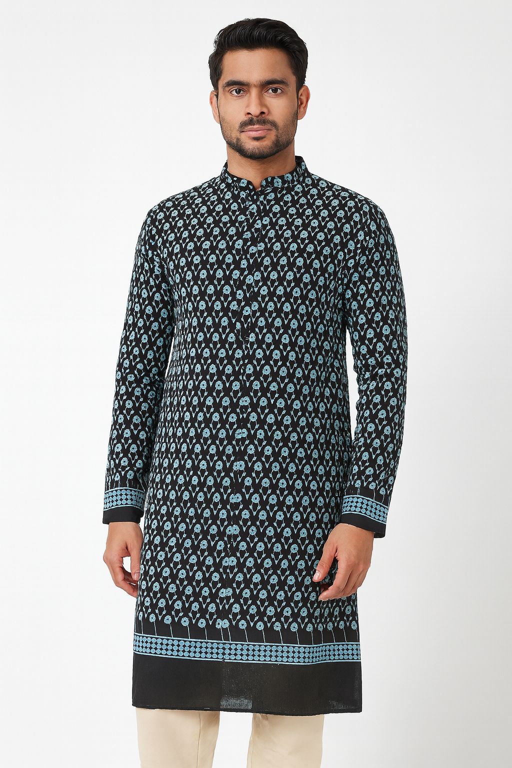Contrast Embroidery Fabric – Black Base with Sky Blue & Sequins