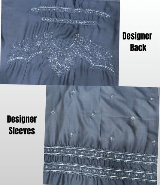 Unstitched festive kurta fabric for men with detailed thread embroidery and included white pajama.