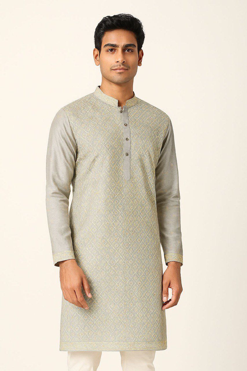 Digital Printed Embroidered Men’s  Kurta Fabric – Sequin Highlighted Rayon 58 Grey