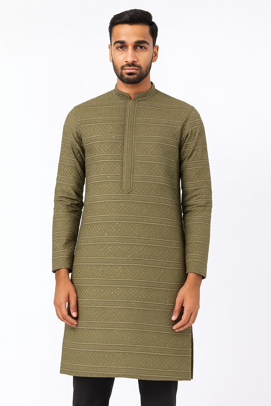 Men’s Kurta Fabric – Embroidery & Sequence Work Olive