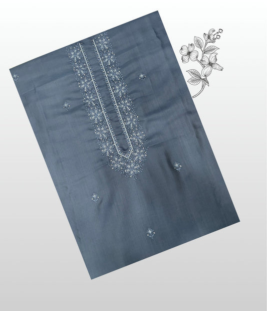 Embroidered men’s kurta material in grey silk blend with designer neckline.