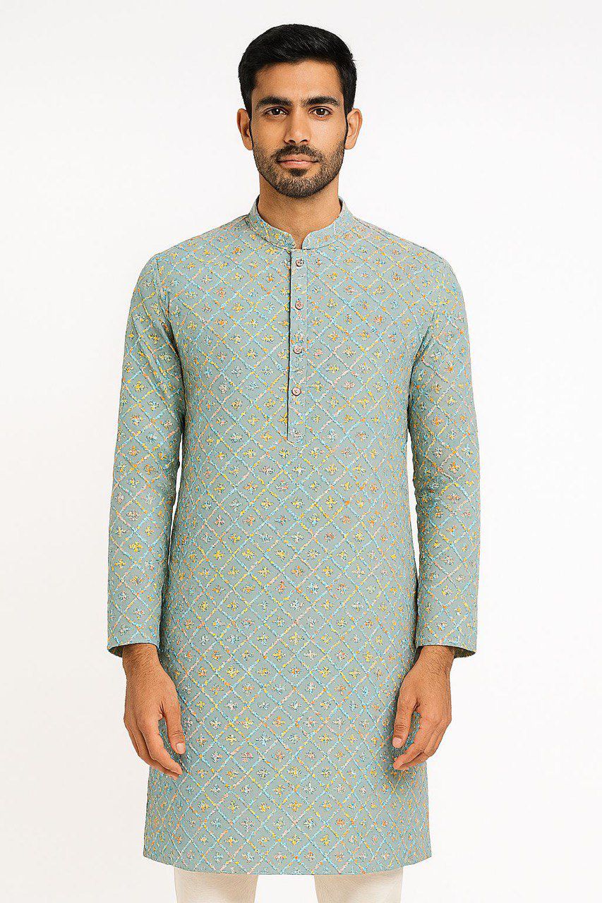 Digital Printed Embroidered Men’s  Kurta Fabric – Sequin Highlighted Rayon 58 Pista