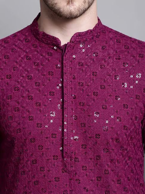 Men’s Kurta Fabric – Chess Design Embroidery on Rayon Viscose, 58” Width Wine