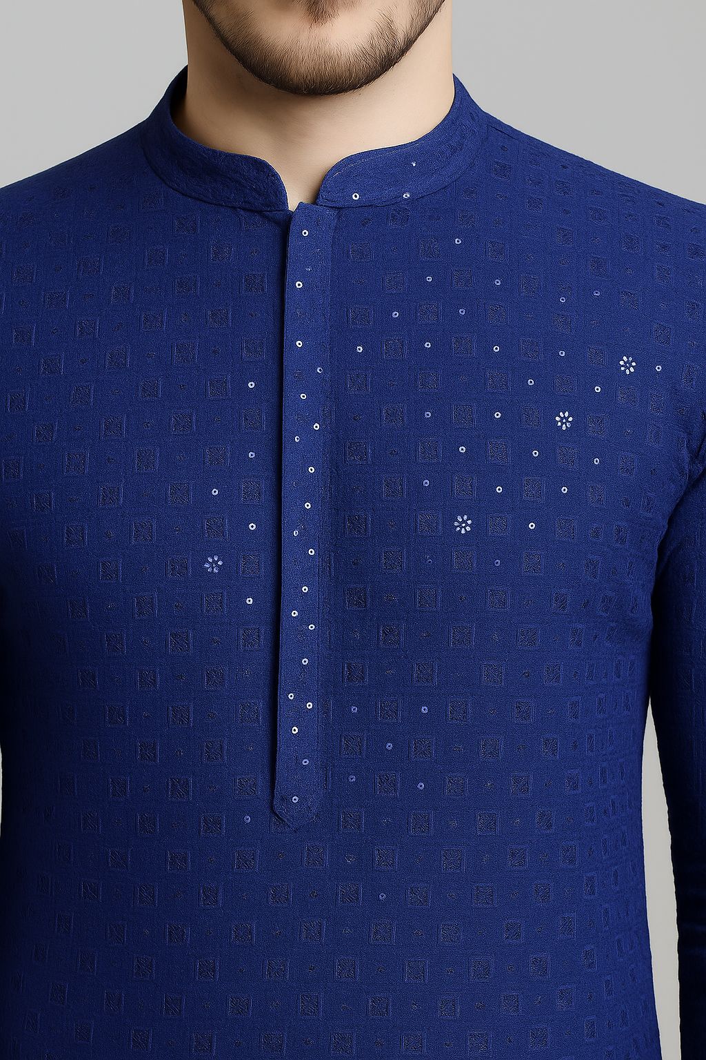 Men’s Kurta Fabric – Chess Design Embroidery on Rayon Viscose, 58” Width  SKY BLUE
