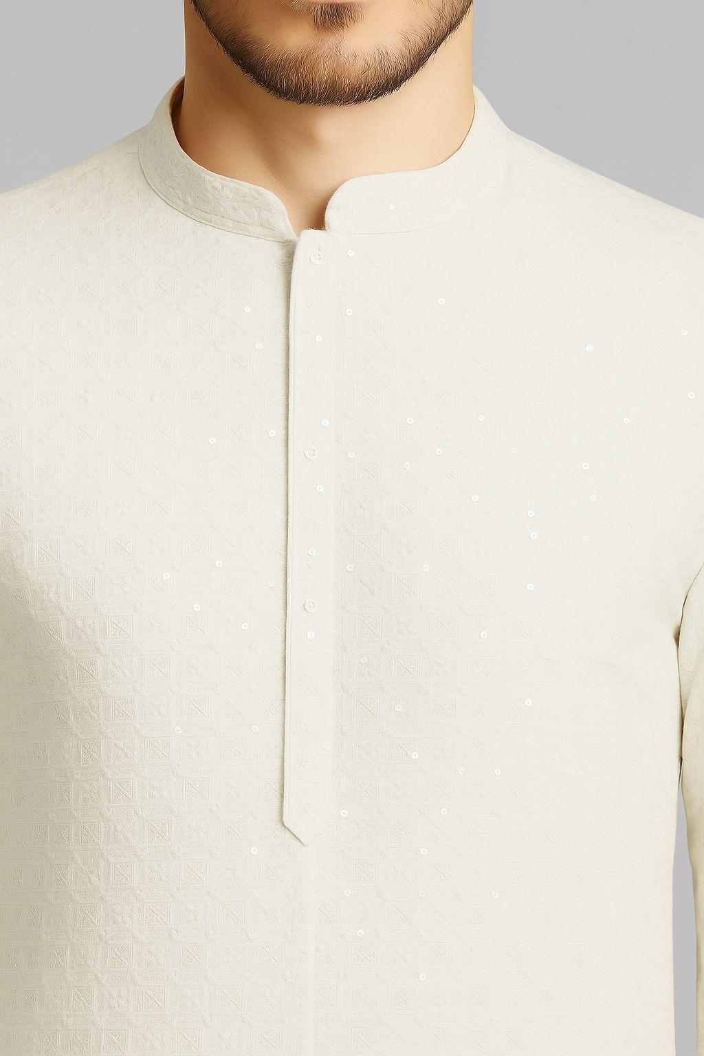 Men’s Kurta Fabric – Chess Design Embroidery on Rayon Viscose, 58” Width  WHITE