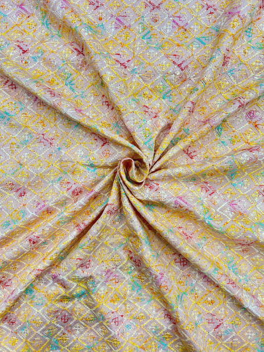 Pastel digital print rayon viscose kurta fabric with embroidery and sequin work for festive menswear