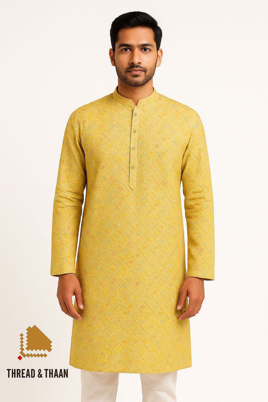Digital Printed Embroidered Men’s  Kurta Fabric – Sequin Highlighted Rayon (58” Width)  Yellow