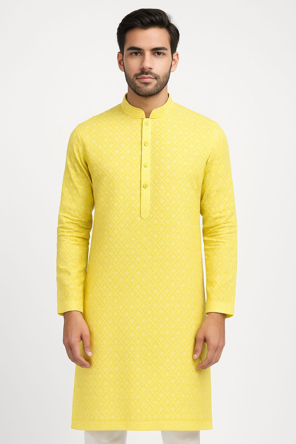 Lakhnavi All Over Cotton Embroidery Fabric – Pastel Yellow